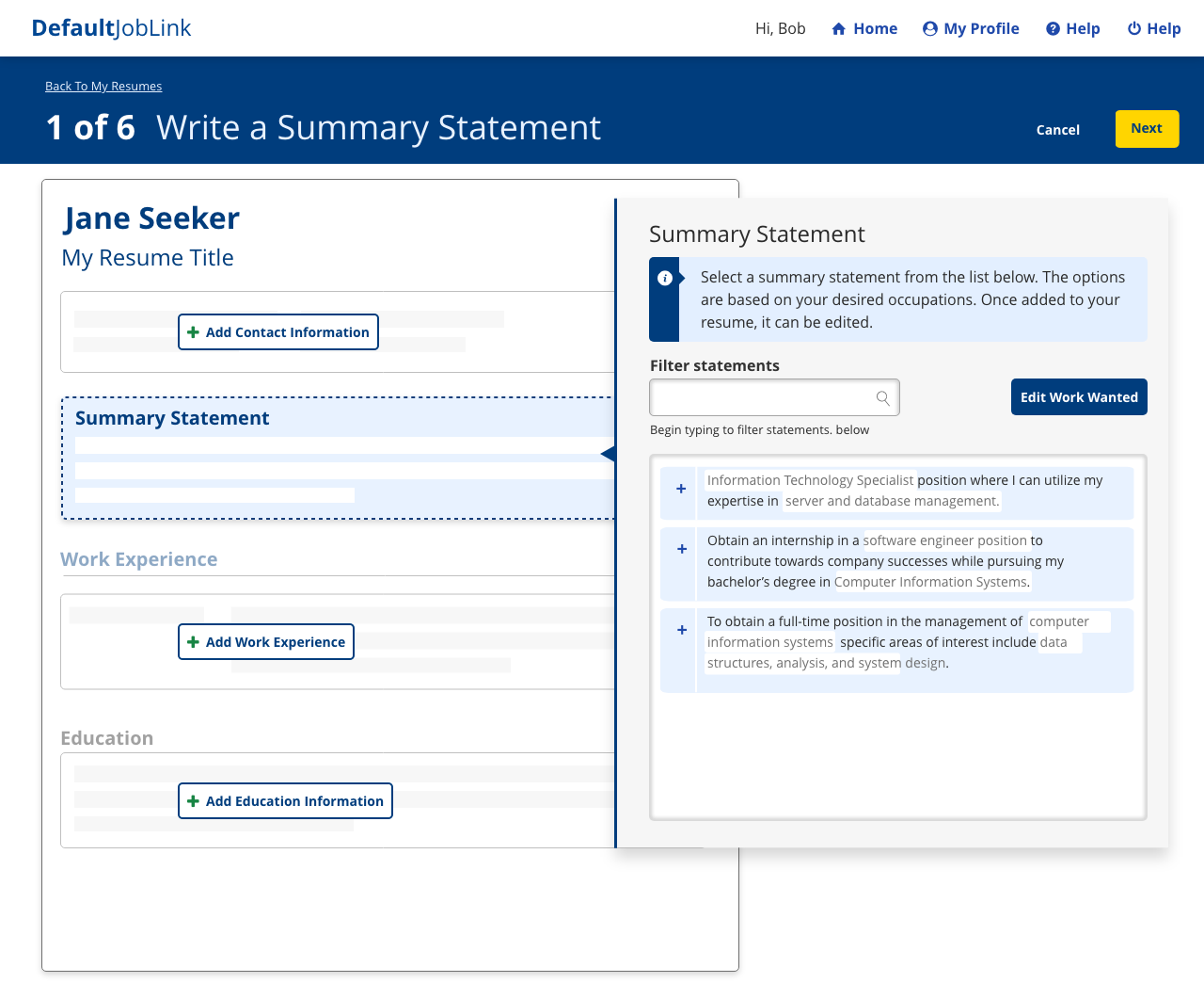 Interactive prototype to explore a redesign of the resume builder.